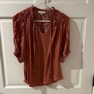 Chic Women's Terracotta Blouse with Ruffle Trim